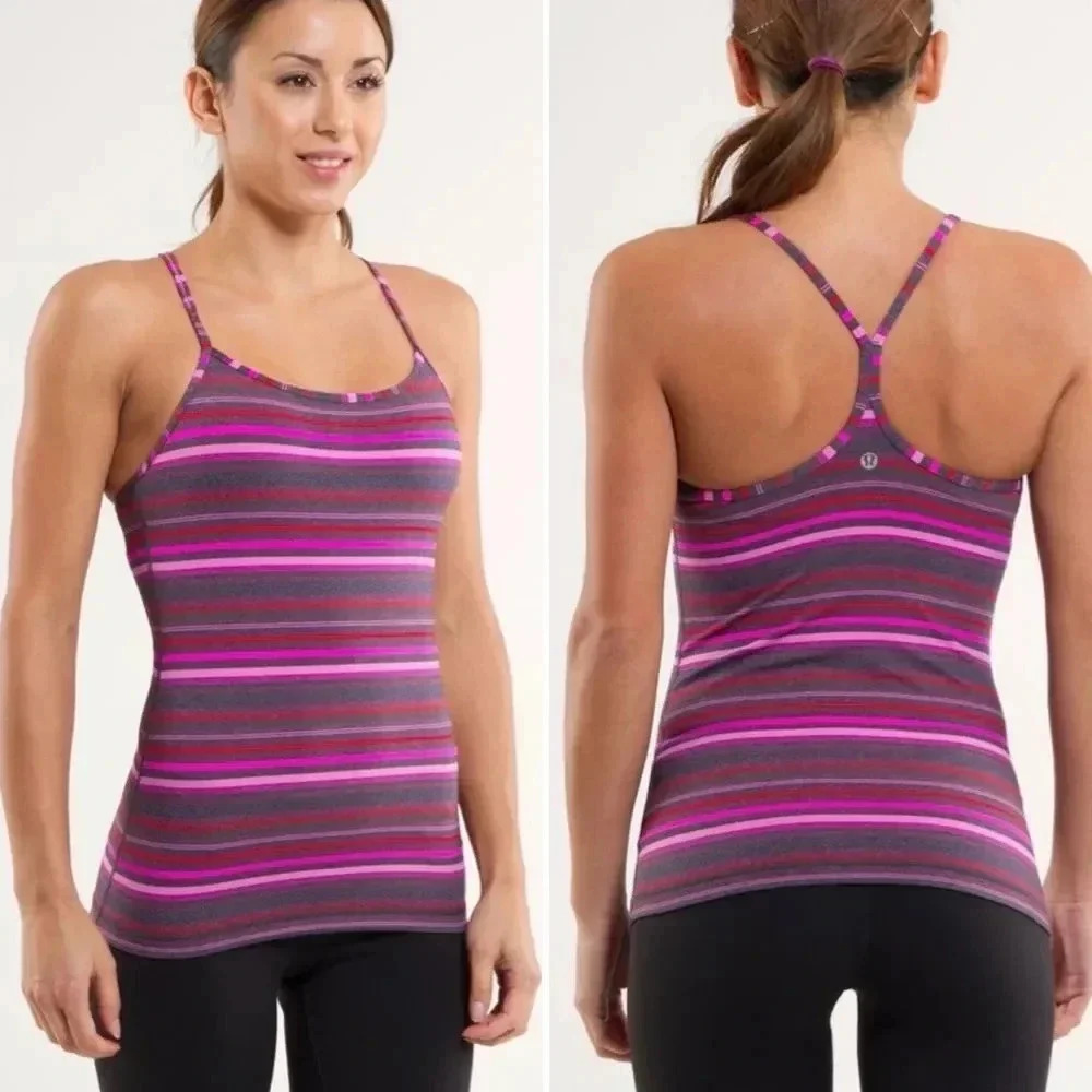 Lululemon Power Y Tank Top Pink Gray Stripe Size 2
